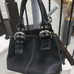 Tignanello Black Leather Tote with Burgundy Chain-Print Liner